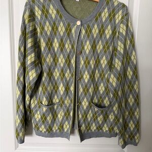 Argyle Button-Front Cardigan in Gray and Olive
